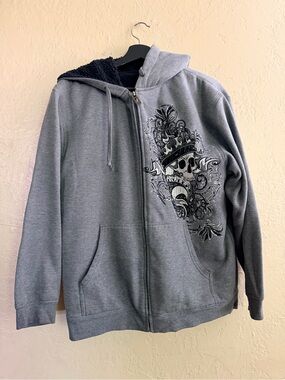 Gray Graphic Zip-Up Hoodie with Skull Design